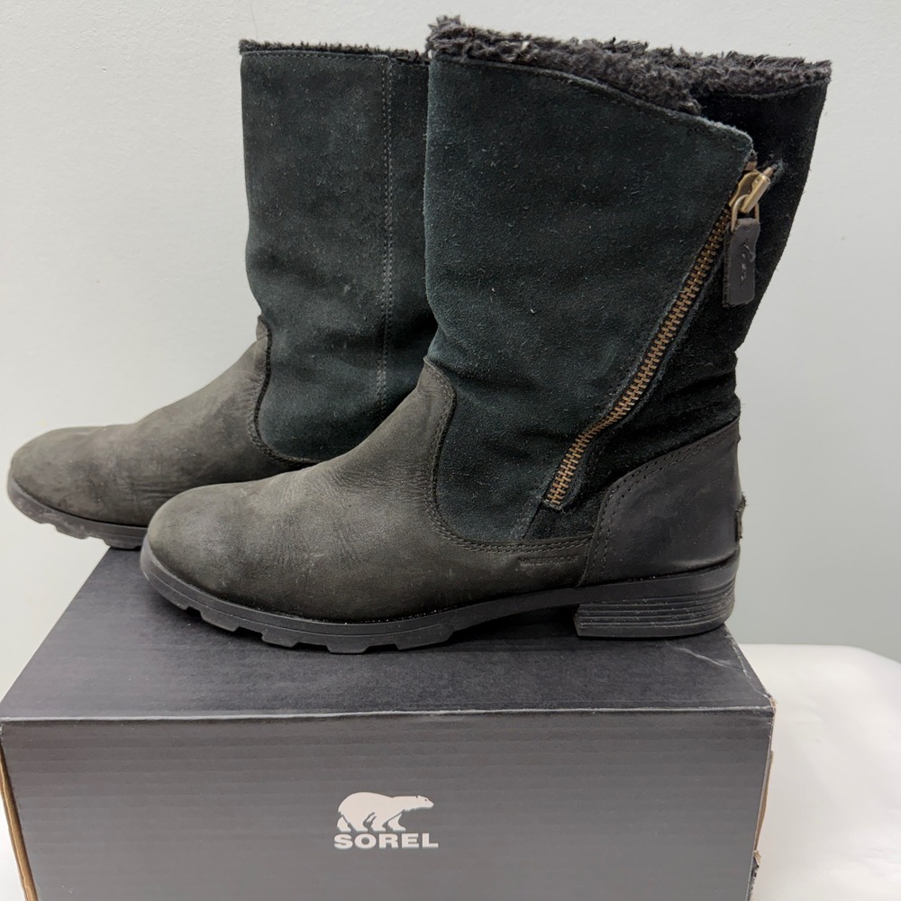 Sorel Emelie Fold-Over Waterproof Leather Boots Black NL3025-010 Womens 10
